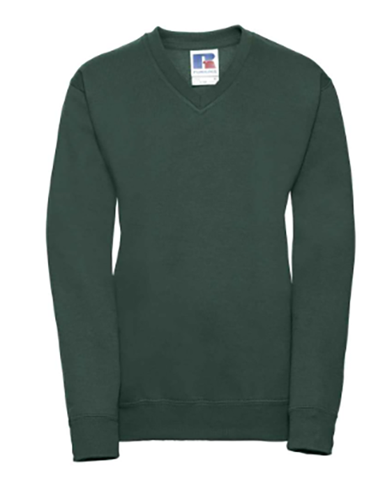 Green V Neck Jumper with Woodchurch Church of England Primary School Logo Embroidered on